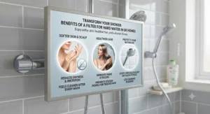 Infographic showing the benefits of a shower filter for hard water in UK homes, including softer hair and skin