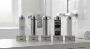 Selection of premium shower head filter replacement cartridges neatly arranged on a shelf.