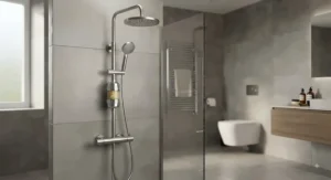 A high-quality vitamin C shower filter unit installed in a stylish, contemporary UK wet room