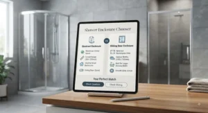An infographic checklist helping homeowners choose between quadrant and sliding door shower enclosures based on bathroom size and layout.