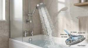 Chrome aerated shower head installed over a contemporary bath in a modern British bathroom