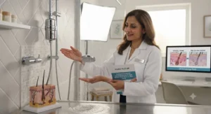 A dermatologist demonstrating a shower filter suitable for sensitive skin and dry hair.