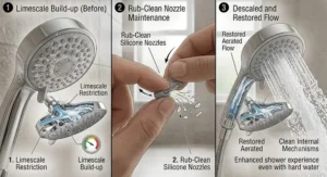 Cleaning limescale build-up from rub-clean silicone nozzles on an aerated shower head