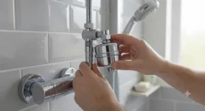 Hands easily installing a shower filter for hard water onto a standard UK bathroom fitting without tools