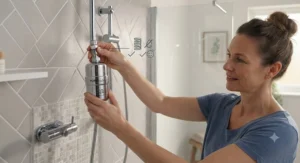 A person easily installing a shower filter designed for sensitive skin in a hard water area of the UK.