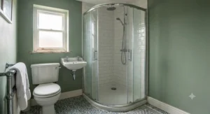 A fully enclosed shower cubicle designed for a compact British bathroom to prevent water splashing.