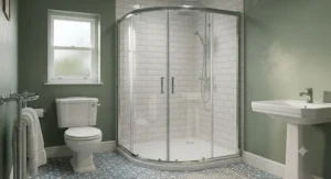 An enclosed shower with sliding glass doors, ideal for retaining heat in a chilly British bathroom.