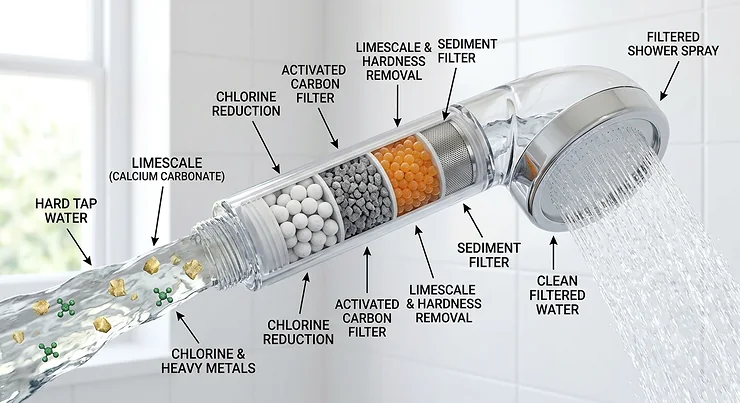 Diagram illustrating how a filter shower head removes chlorine and limescale from tap water