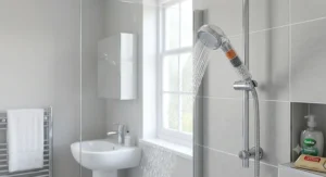 Modern British bathroom setting featuring a chrome filter shower head attached to a standard shower hose