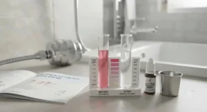Water testing kit comparing chlorine levels before and after using a shower head filter
