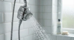 Water flowing through a high-pressure shower head filter designed to remove chlorine and limescale for healthier hair.