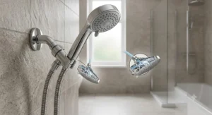 Handheld aerated shower head with flexible stainless steel hose attached to a wall bracket