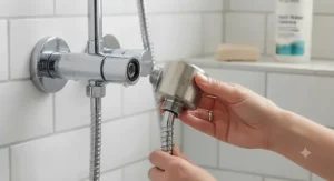 Close-up of a shower head filter being fitted onto a standard UK shower hose to tackle dry hair and breakage.