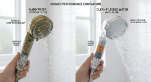 Illustration comparing hard water limescale buildup with clean water flow from a filter shower head