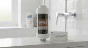 High-performance shower head filter replacement cartridge designed to combat hard water issues common in the UK.