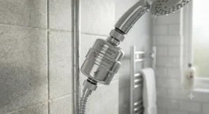 Close-up of a hard water shower head filter designed for reducing chlorine and limescale in UK homes
