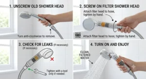 Step-by-step guide demonstrating how to fit a filter shower head to a standard UK shower hose