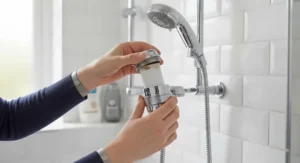 A person unscrewing a shower unit to insert a fresh shower head filter replacement cartridge.