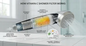 Diagram showing the water filtration process through a vitamin C cartridge inside a shower head