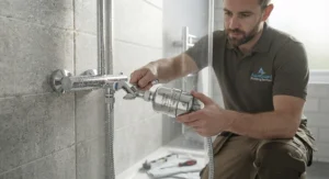 Plumber installing a high-pressure shower head filter for chlorine onto a standard UK bathroom mixer