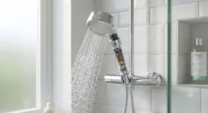 An ionic filtration shower head releasing purified water streams to protect sensitive scalps and prevent hair loss.