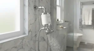 A sleek white and chrome shower head filter fitted in a London apartment bathroom to filter out local hard water.