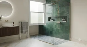 A luxurious walk-in shower enclosure with premium tiles, demonstrating a popular trend in UK bathroom renovations.