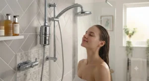 Relaxing shower experience with a filtered water system designed for sensitive skin care.
