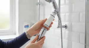 Close-up of a high-quality shower head filter replacement cartridge being inserted into a chrome shower handle.