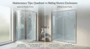 Diagram showing easy cleaning access points for both quadrant and sliding door shower enclosure styles.