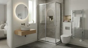 Contemporary sliding glass shower door installed in a small en-suite bathroom
