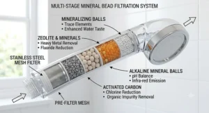 Cross-section illustration showing multi-stage mineral beads inside a filter shower head handle