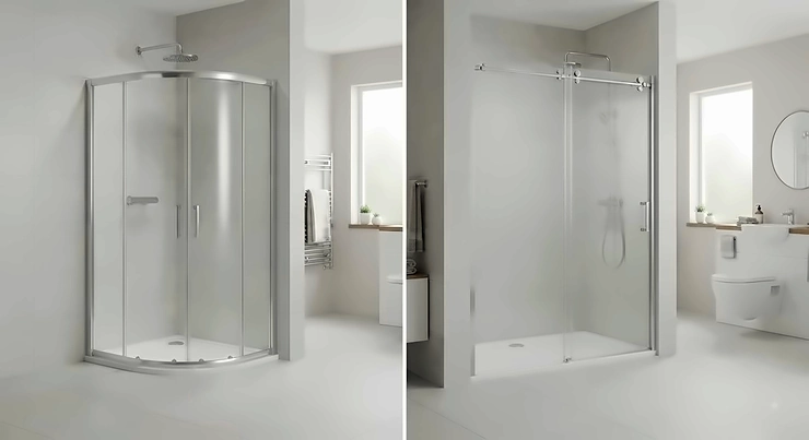 A side-by-side comparison of a space-saving quadrant shower enclosure and a spacious sliding door shower enclosure in a modern bathroom. quadrant vs sliding shower enclosure