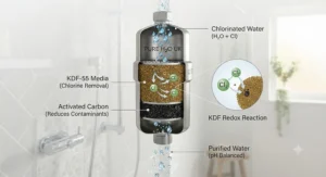 Close-up diagram illustrating how a shower filter removes chlorine to help relieve sensitive skin.