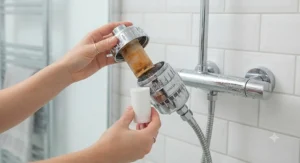 Demonstration of replacing the internal multi-stage filtration cartridge in a UK-certified shower head filter.