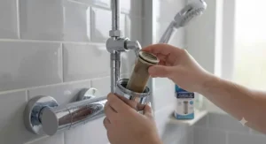 Replacing the internal cartridge in a chrome shower filter for hard water during routine home maintenance