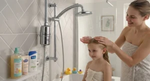 A family bathroom set-up using a shower filter to protect children's and adults' sensitive skin.