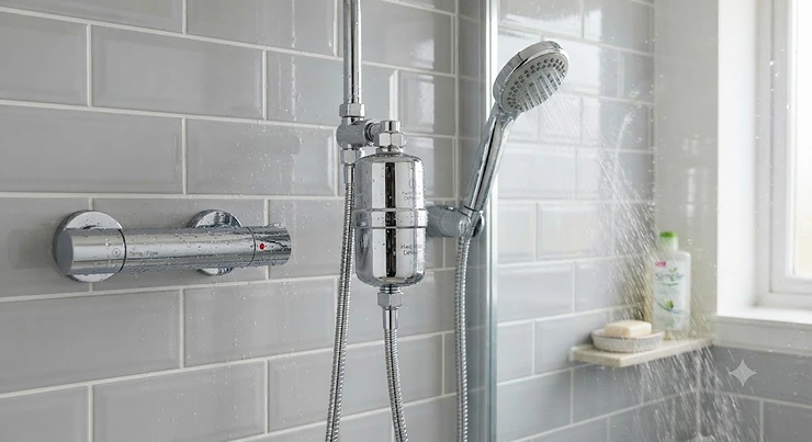 A chrome shower filter for hard water installed on a modern British bathroom shower hose