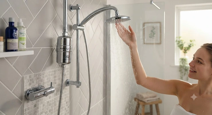 A high-quality shower filter installed in a modern British bathroom to soothe sensitive skin.