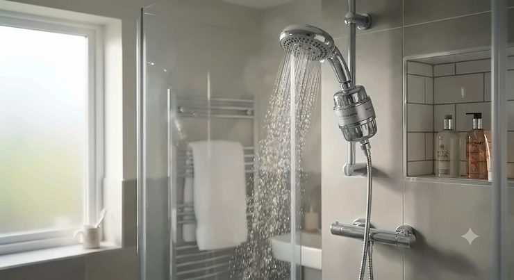 A modern chrome shower head filter for chlorine fitted in a contemporary British bathroom