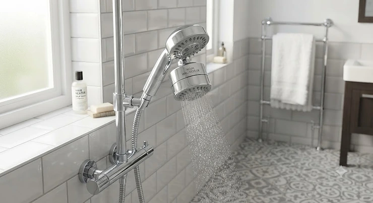 A modern chrome shower head filter installed in a British bathroom to help reduce hair loss caused by hard water. shower head filter for hair loss