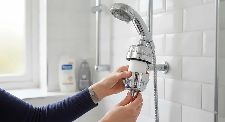 Step-by-step guide on how to install a new shower head filter replacement cartridge in a British bathroom.