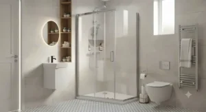 Sleek sliding door shower enclosure providing easy access in a narrow bathroom space