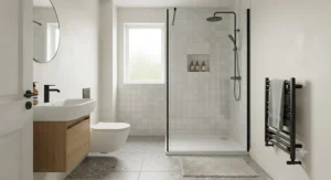 Clever small bathroom layout featuring a contemporary walk-in shower enclosure and wall-hung basin.