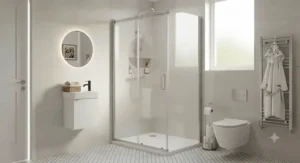 Elegant sliding door shower enclosure featured in a renovated small family bathroom