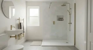 Newly renovated small bathroom showcasing a practical walk-in shower enclosure with contemporary brassware.