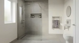Modern wet room style walk-in shower enclosure optimised for a small family bathroom or en-suite.