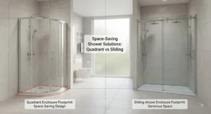 Comparing the footprint of a corner quadrant shower enclosure against a large alcove sliding shower enclosure.