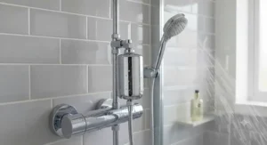 A sleek, polished chrome shower filter for hard water mounted inside a contemporary British bathroom enclosure