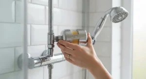 A universal vitamin C shower filter being attached to a chrome shower pipe in a typical British home